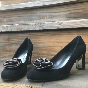 Stuart Weitzman black suede pump metallic flower